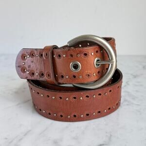 Fossil Brown Leather Belt Silver Buckle Perforated Western Boho Large
